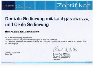 Lachgas Zertifikat | Zahnarzt Fürth – Quelle: Zahnarztpraxis Dr. Ludwig und Kollegen/Zertifikat Dr. Nicolas Naser
